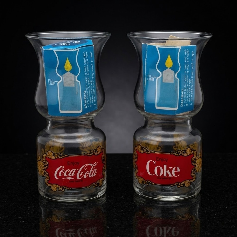 Vtg 1978 Enjoy Coca Cola Hurricane Glass Floating Candle Holder Set 2 w/ Candles